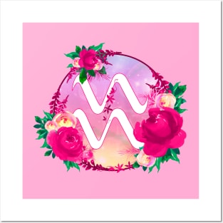 Aquarius Zodiac Horoscope Pink Floral Monogram Posters and Art